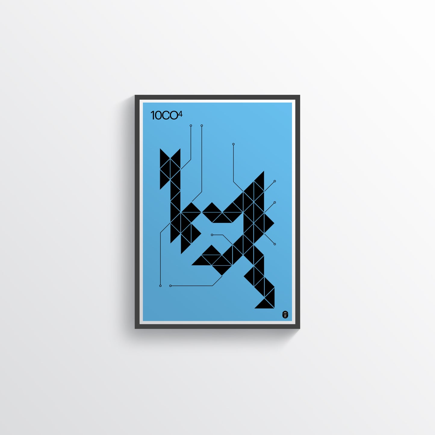 Blue poster with a geometric composition of triangles, available in C-Type print on Fuji Matt Crystal archive paper with a semi-matt finish. - Starting from 19 € / Shipped Worldwide