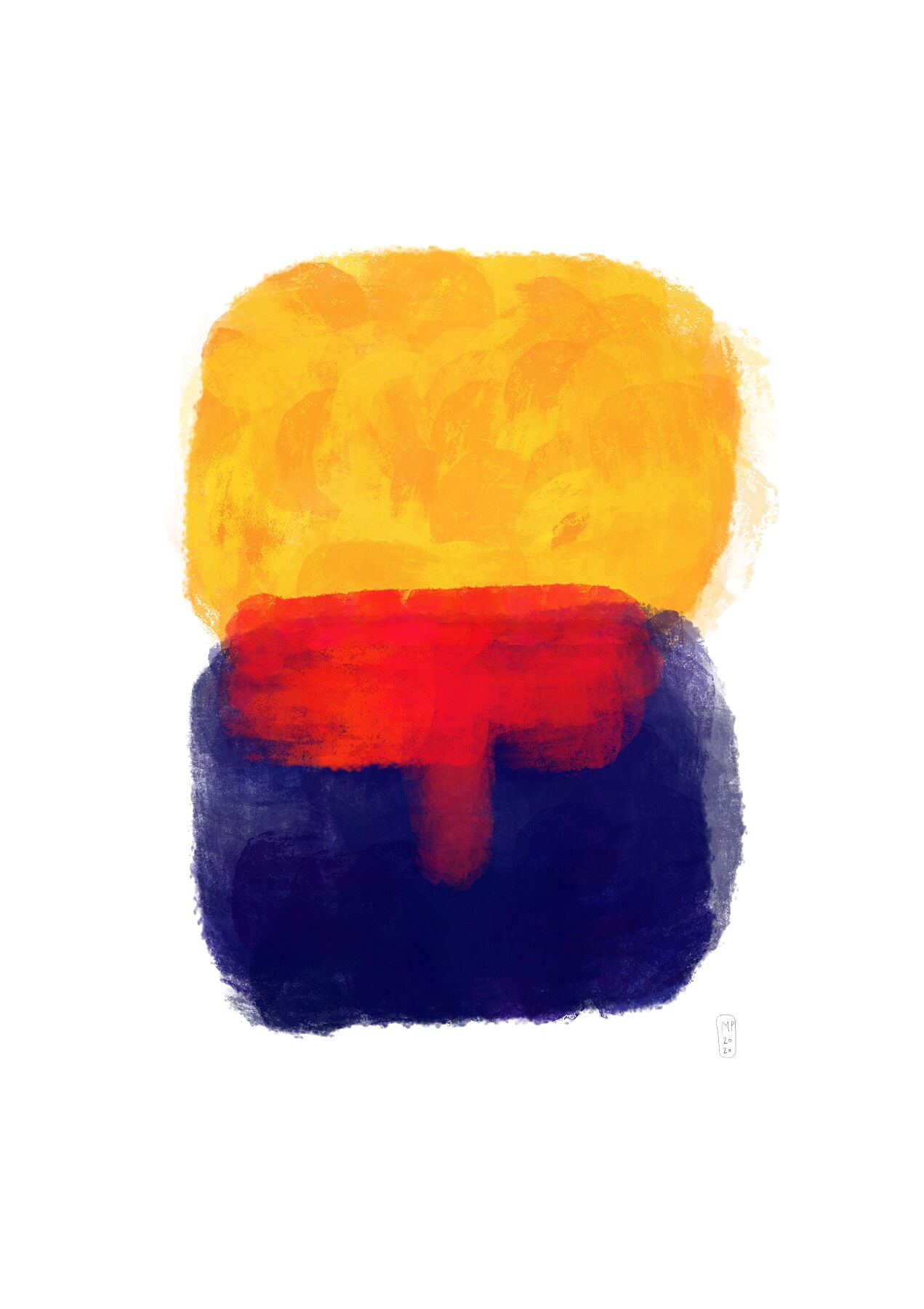 Minimalist art prints made with yellow and blue shapes painted in oil, Giclée print, framed, Hahnemühle Photo Rag paper stock, archival quality for 100+ years