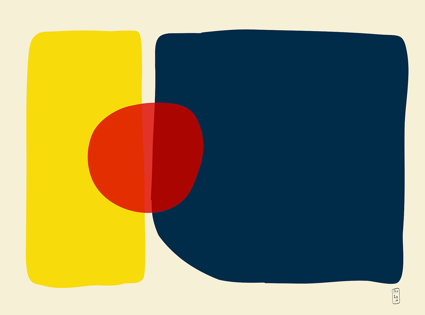 Minimalist art prints made with yellow, blue and red shapes, framed, Giclée print, Hahnemühle Photo Rag paper stock, archival quality for 100+ years