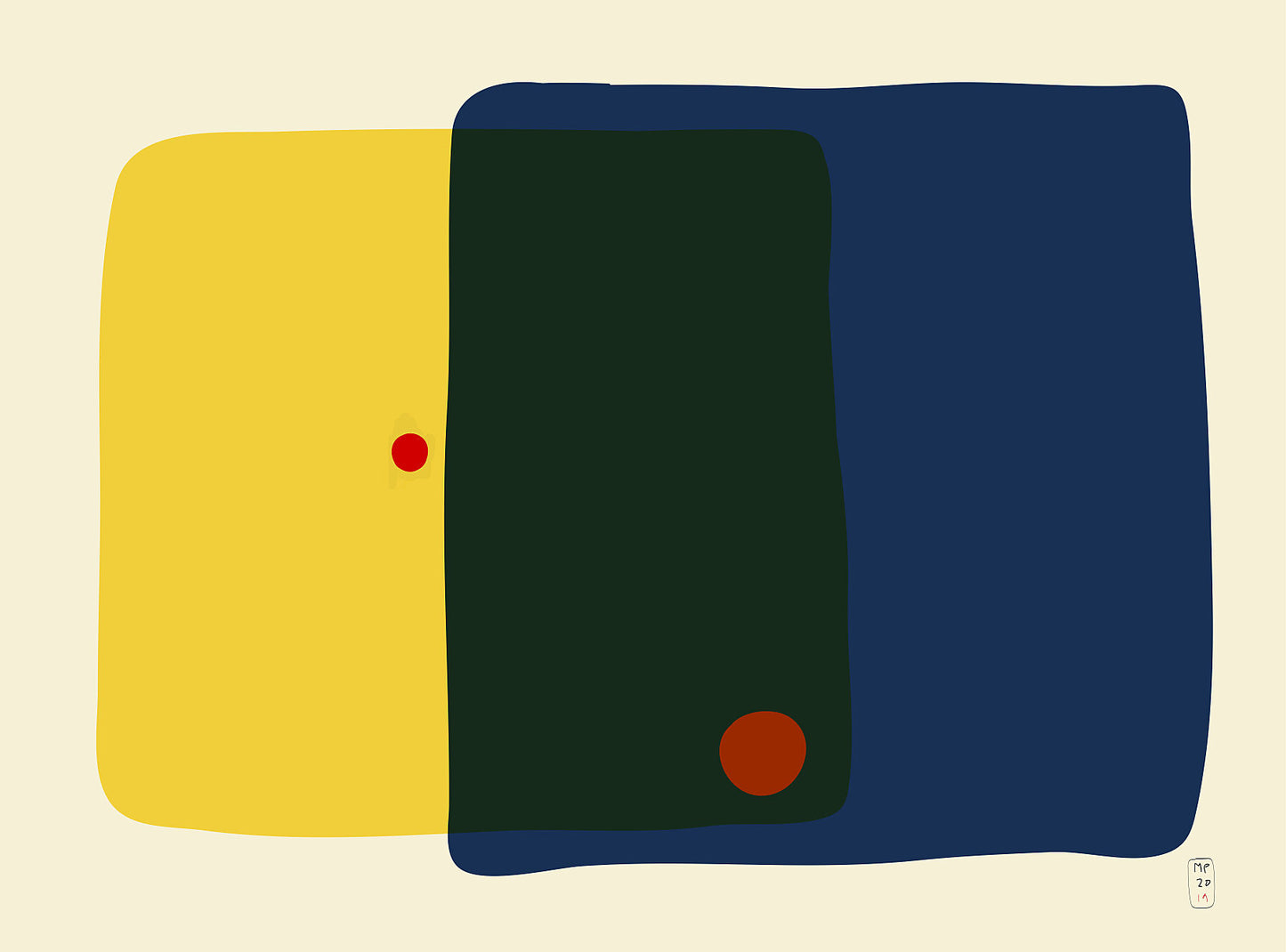 Minimalist art prints made with yellow, blue and red shapes, Giclée print, framed, Hahnemühle Photo Rag paper stock, archival quality for 100+ years