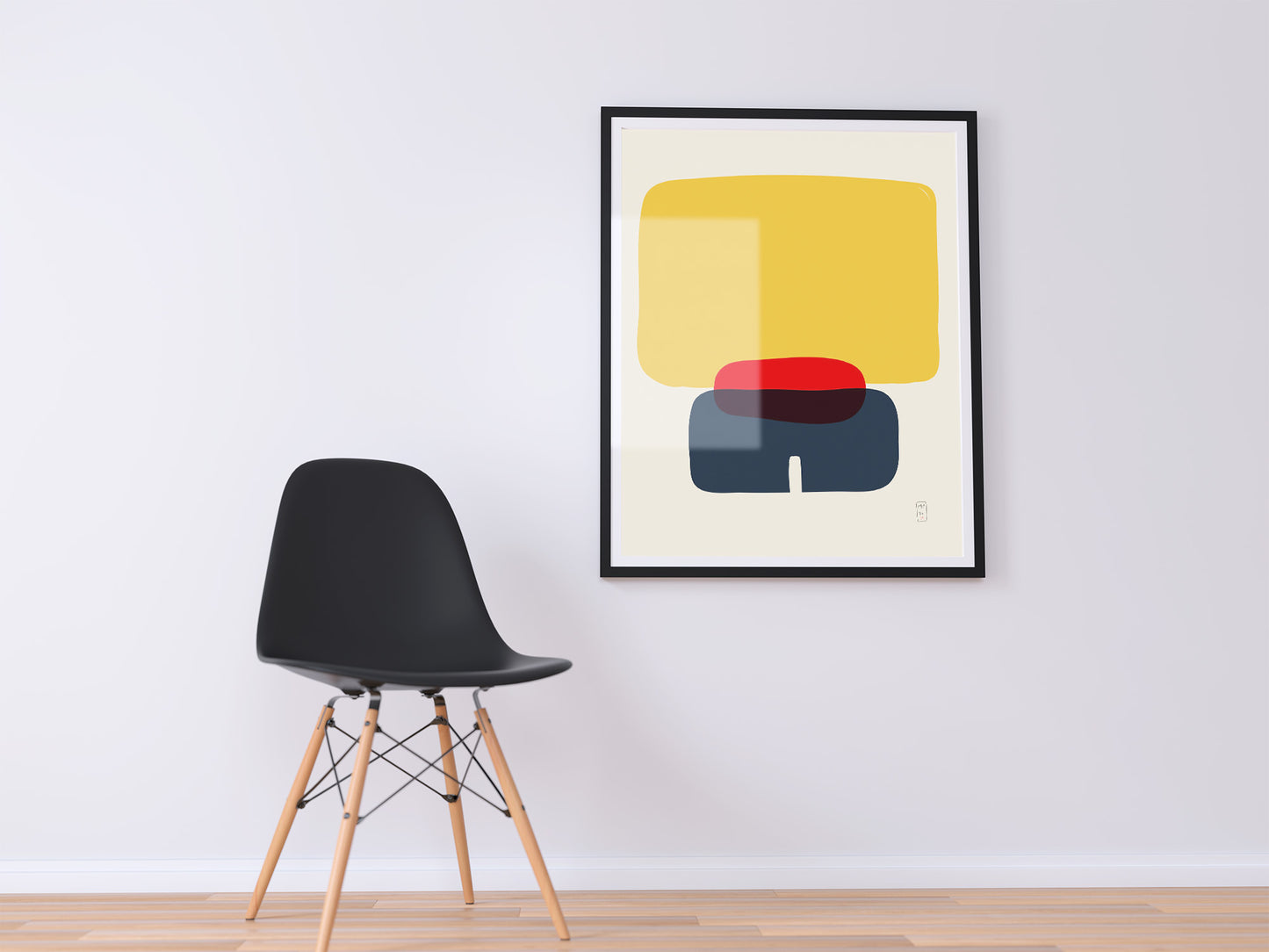 Minimalist art prints made with yellow, blue and red shapes, framed, Giclée print, framed, Hahnemühle Photo Rag paper stock, archival quality for 100+ years