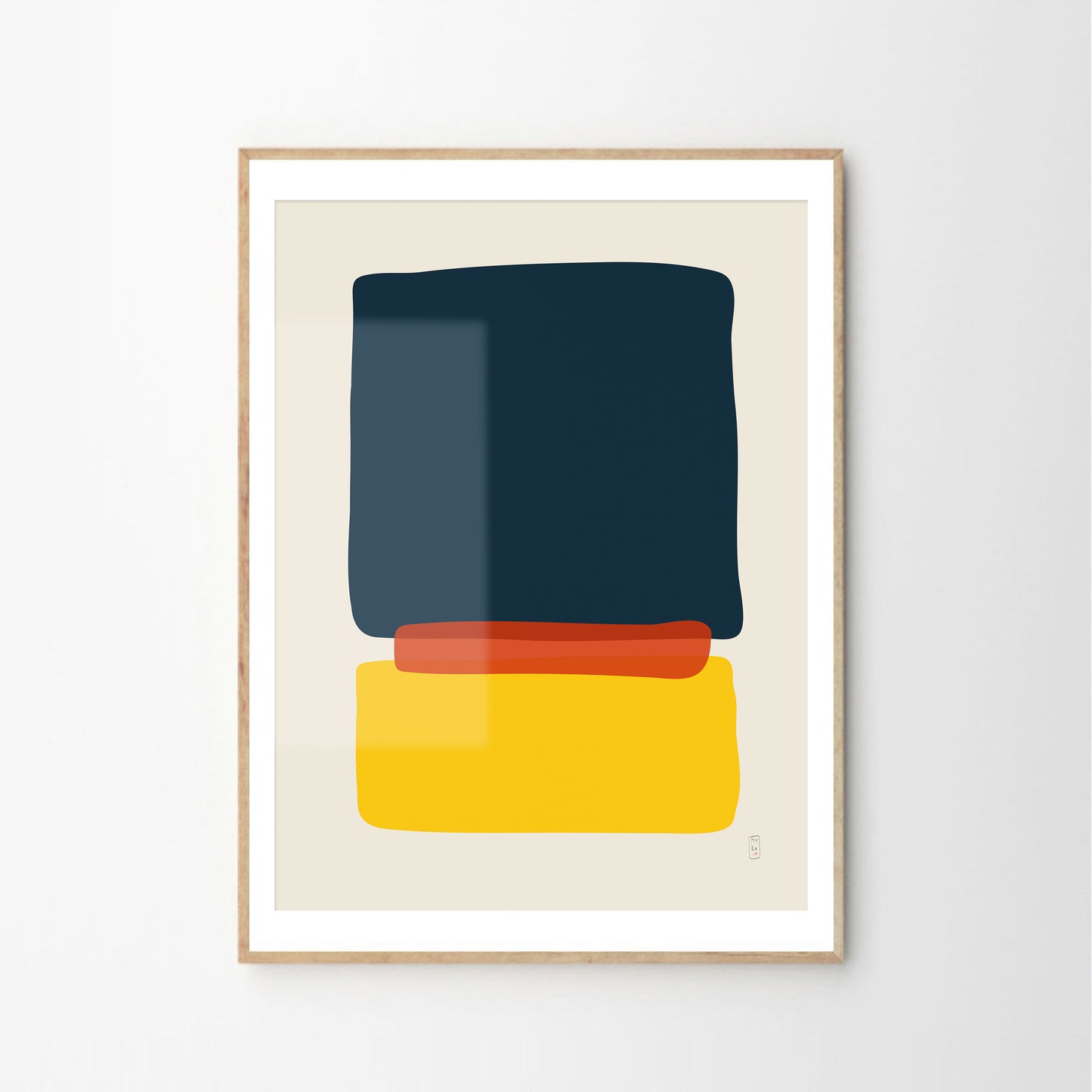 Minimalist art prints made with yellow, blue and red shapes, framed, Giclée print, framed, Hahnemühle Photo Rag paper stock, archival quality for 100+ years