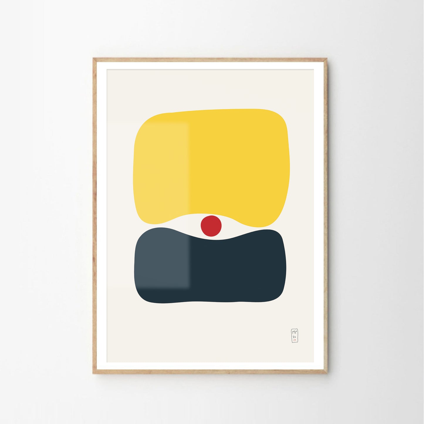 Minimalist art prints made with yellow, blue and red shapes, framed, Giclée print, framed, Hahnemühle Photo Rag paper stock, archival quality for 100+ years