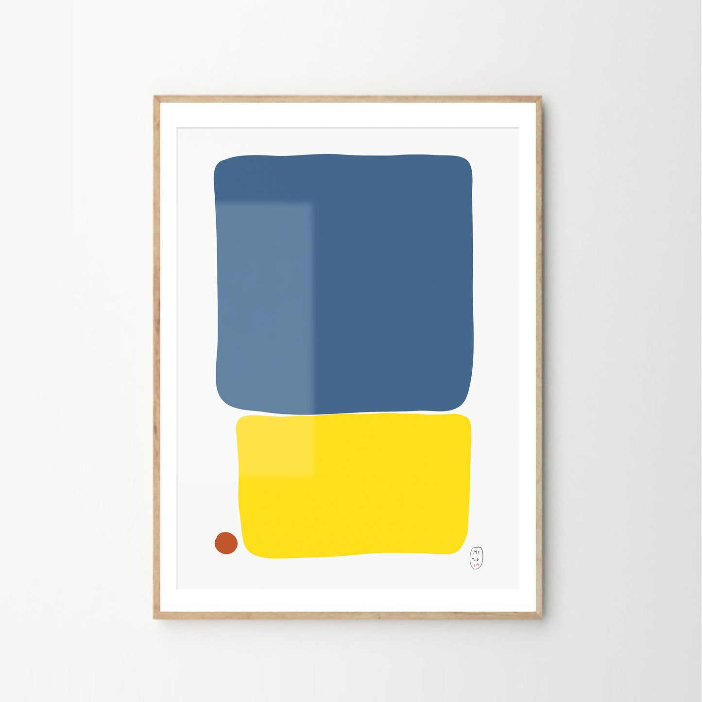 Minimalist art prints made with yellow, blue and red shapes, framed, Giclée print, framed, Hahnemühle Photo Rag paper stock, archival quality for 100+ years