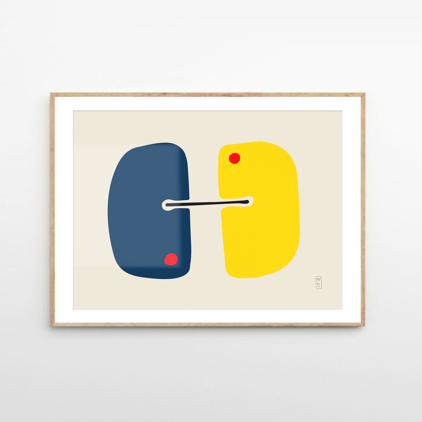 Minimalist art prints made with yellow, blue and red shapes, framed, Giclée print, framed, Hahnemühle Photo Rag paper stock, archival quality for 100+ years