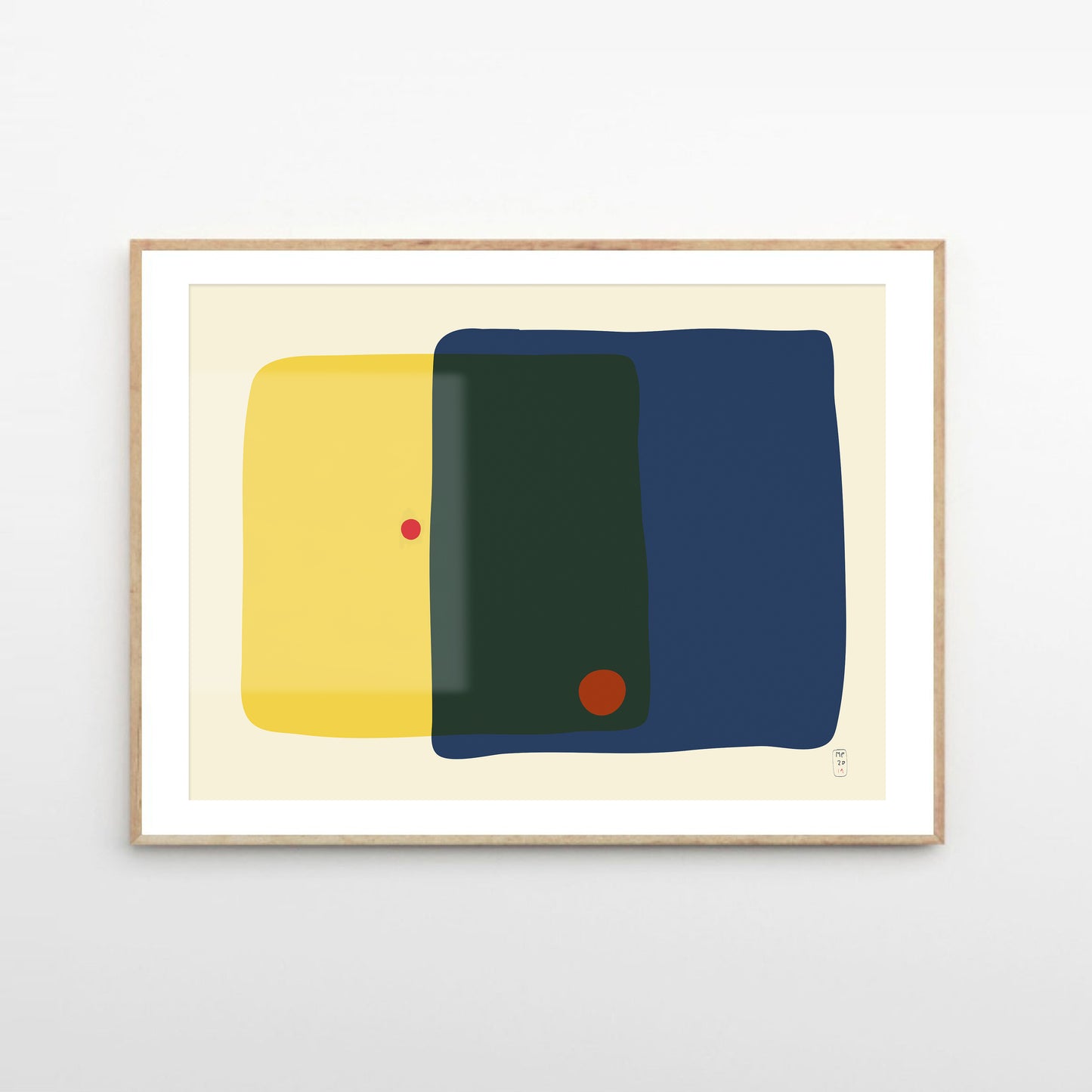 Minimalist art prints made with yellow, blue and red shapes, framed, Giclée print, framed, Hahnemühle Photo Rag paper stock, archival quality for 100+ years