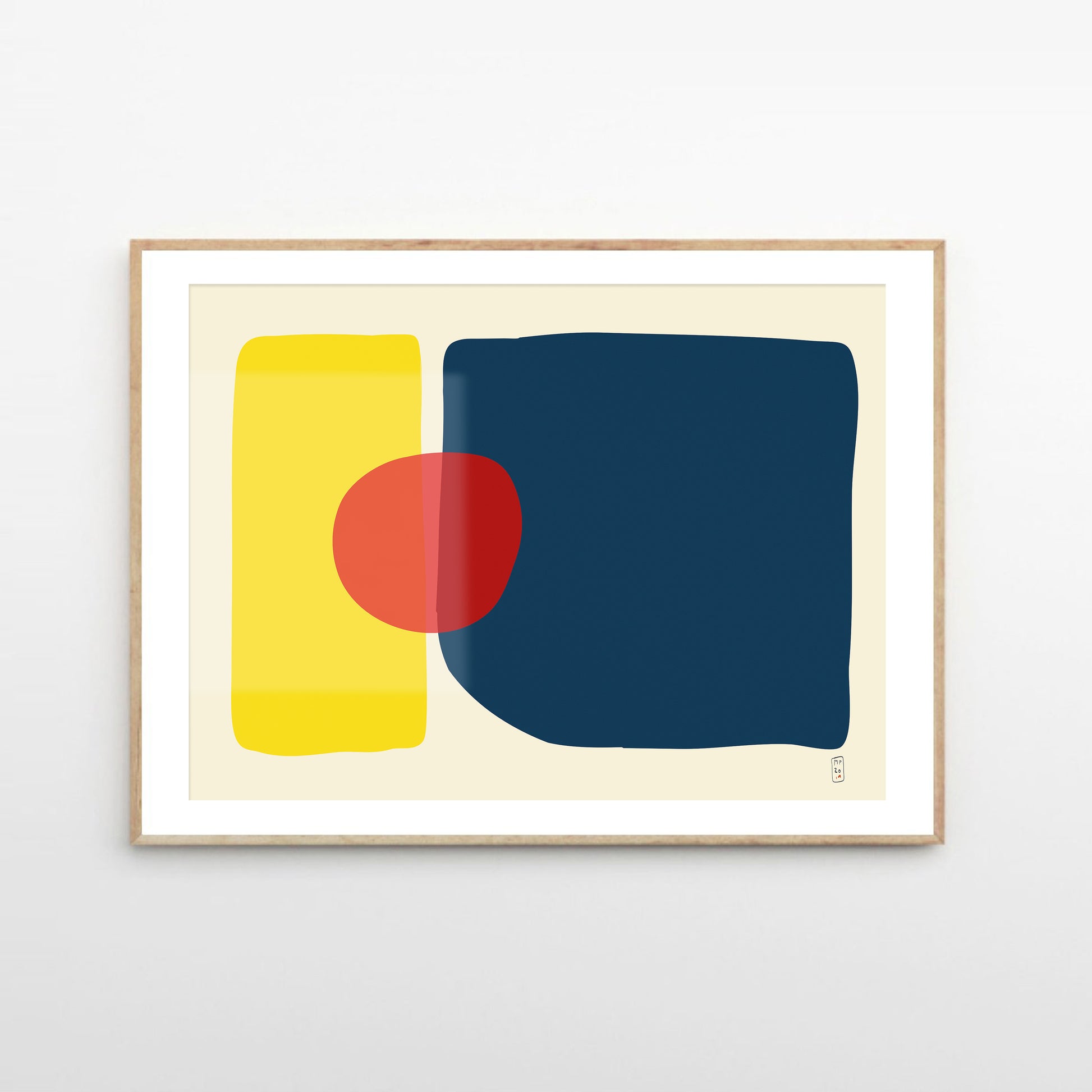 Minimalist art prints made with yellow, blue and red shapes, framed, Giclée print, framed, Hahnemühle Photo Rag paper stock, archival quality for 100+ years