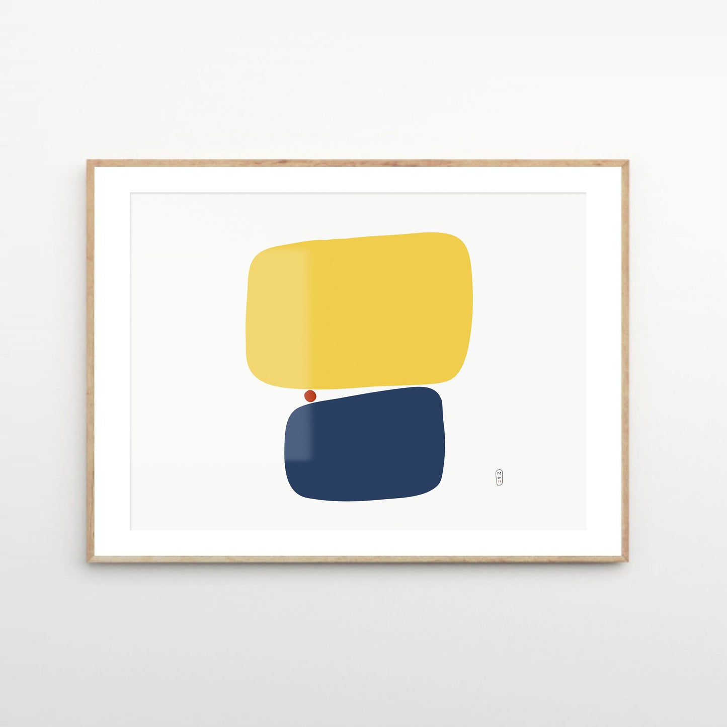 Minimalist art prints made with yellow, blue and red shapes, framed, Giclée print, framed, Hahnemühle Photo Rag paper stock, archival quality for 100+ years