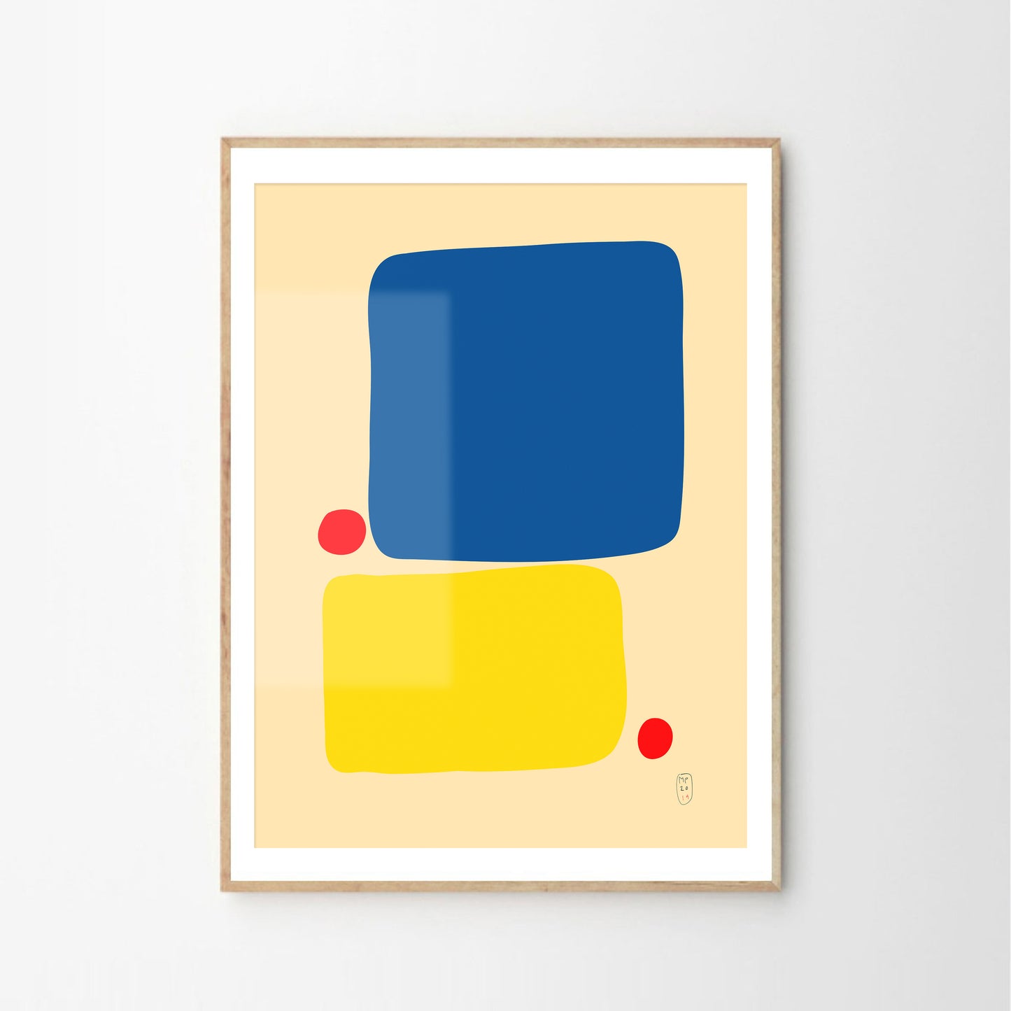 Minimalist art prints made with yellow, blue and red shapes, framed, Giclée print, framed, Hahnemühle Photo Rag paper stock, archival quality for 100+ years