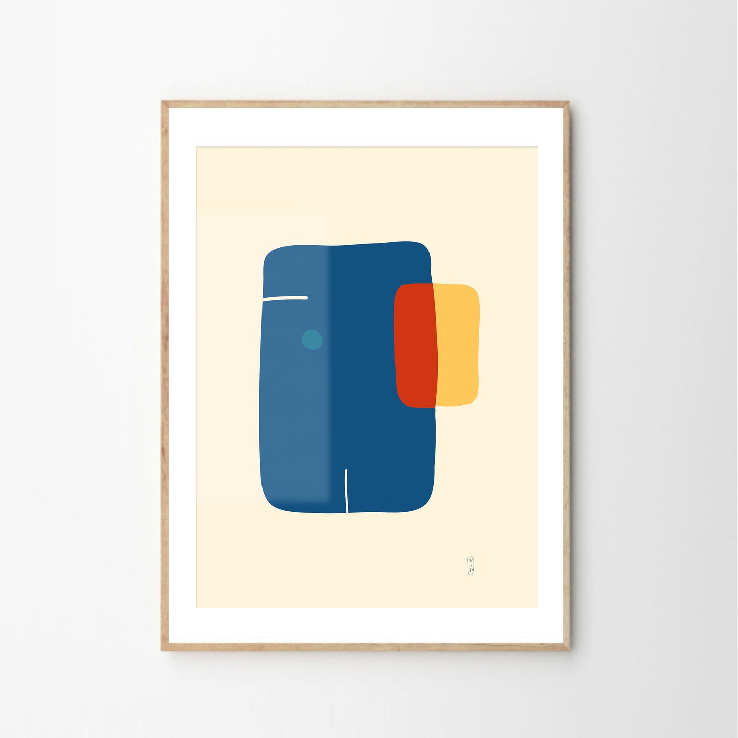 Minimalist art prints made with yellow, blue and red shapes, framed, Giclée print, framed, Hahnemühle Photo Rag paper stock, archival quality for 100+ years