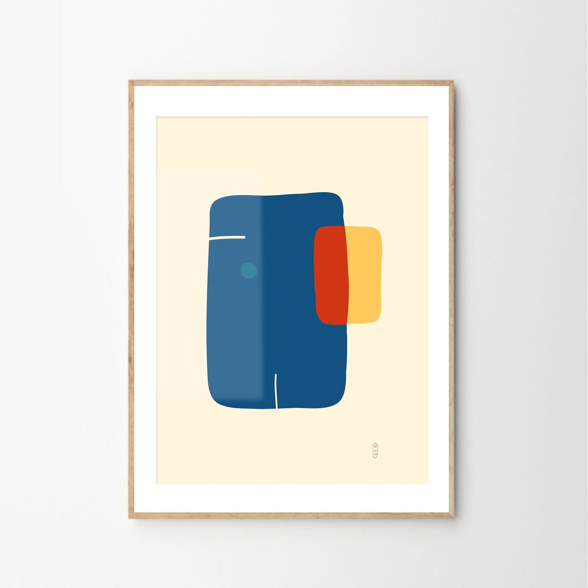 Minimalist art prints made with yellow, blue and red shapes, framed, Giclée print, framed, Hahnemühle Photo Rag paper stock, archival quality for 100+ years