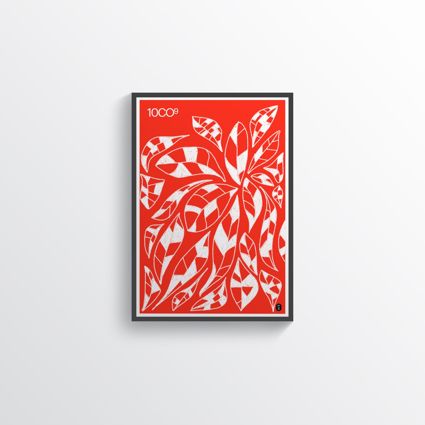 Handwritten leaves in white on a red background, available in C-Type print on Fuji Matt Crystal archive paper with a semi-matt finish. - Starting from 19 € / Shipped Worldwide