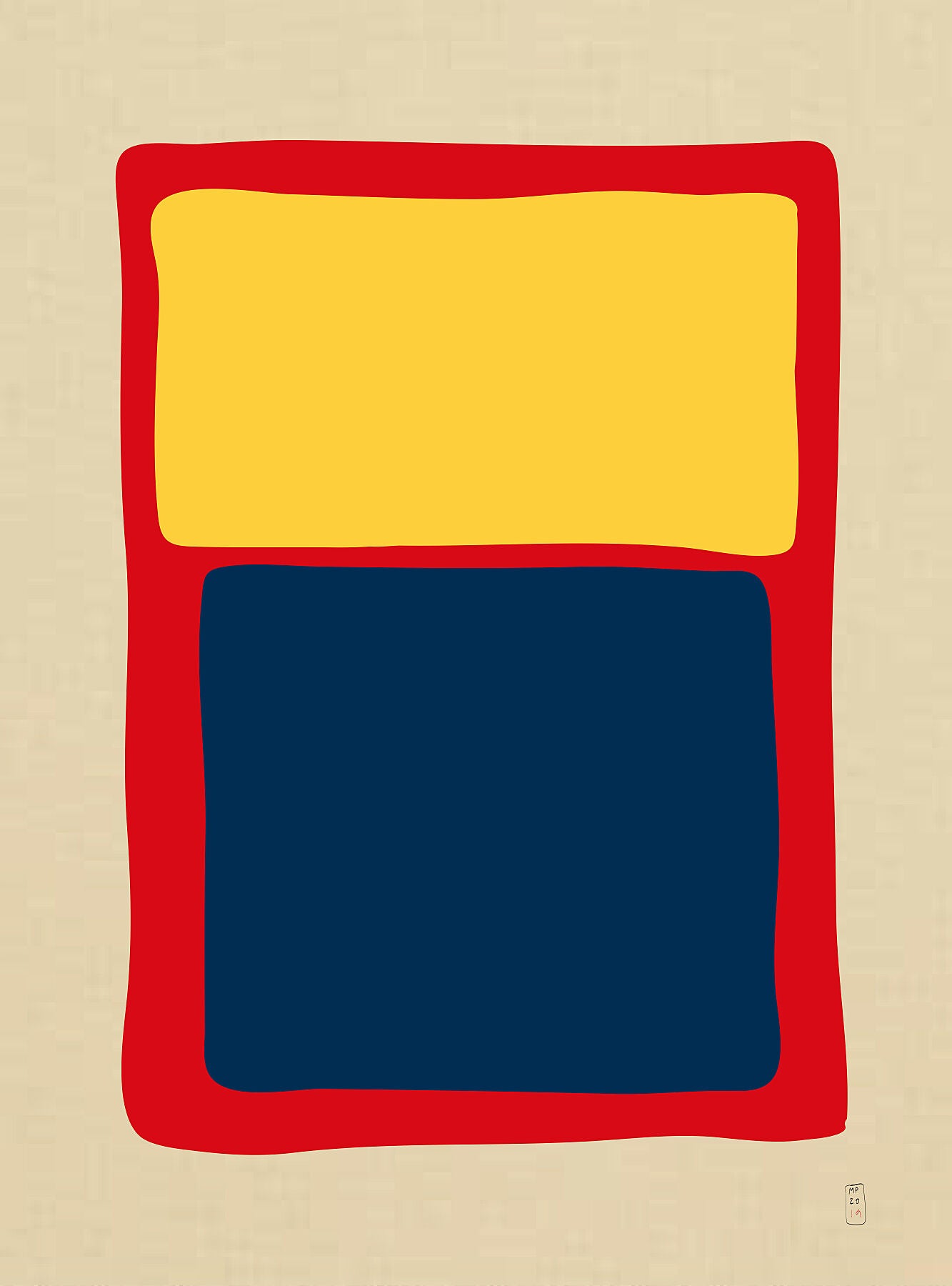 Minimalist art prints made with yellow and blue shapes on a red background, Giclée print, framed, Hahnemühle Photo Rag paper stock, archival quality for 100+ years