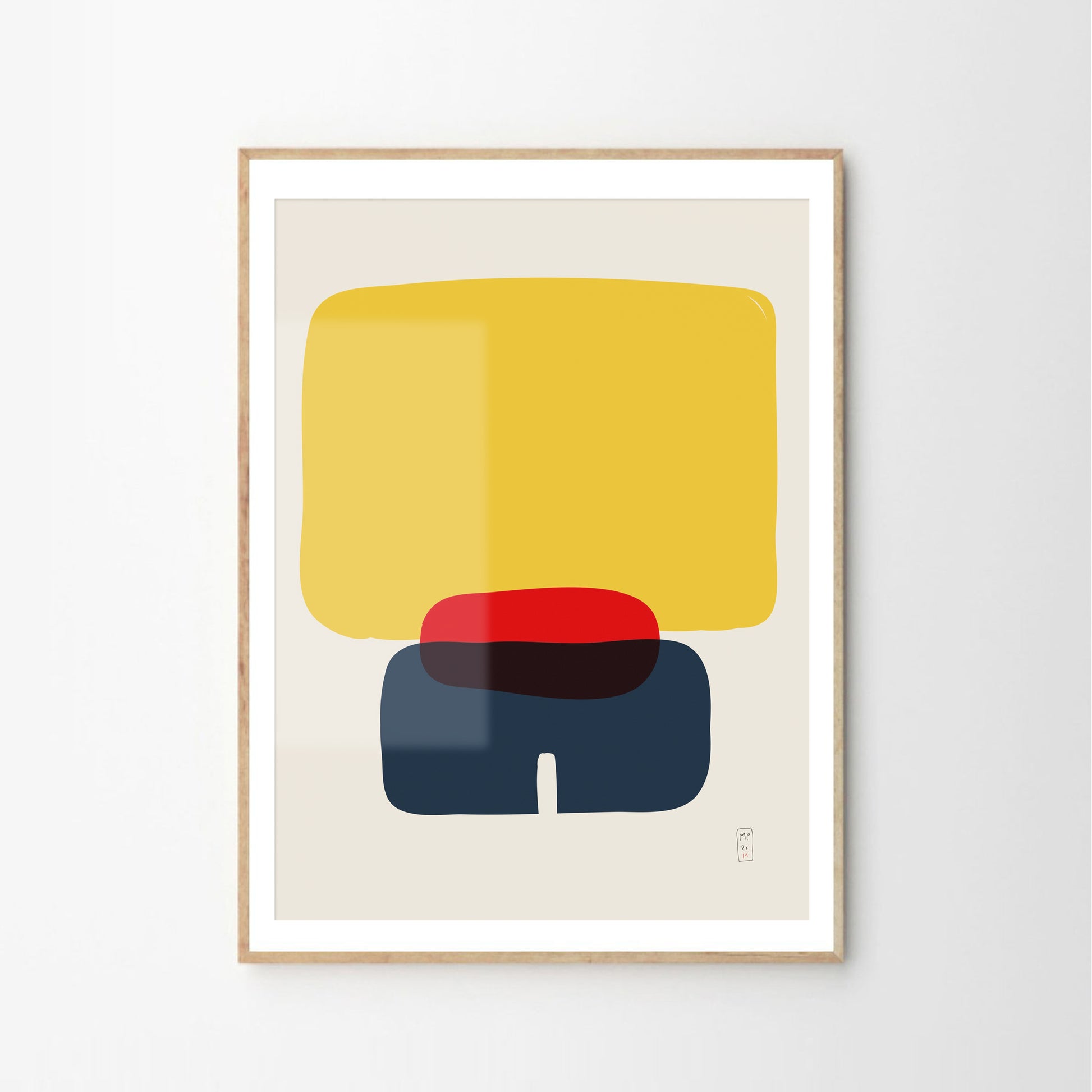 Minimalist art prints made with yellow, blue and red shapes, framed, Giclée print, framed, Hahnemühle Photo Rag paper stock, archival quality for 100+ years