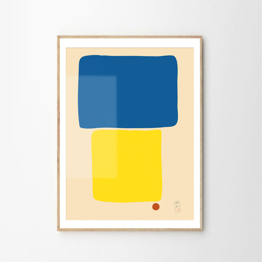 Minimalist art prints made with yellow, blue and red shapes, framed, Giclée print, framed, Hahnemühle Photo Rag paper stock, archival quality for 100+ years