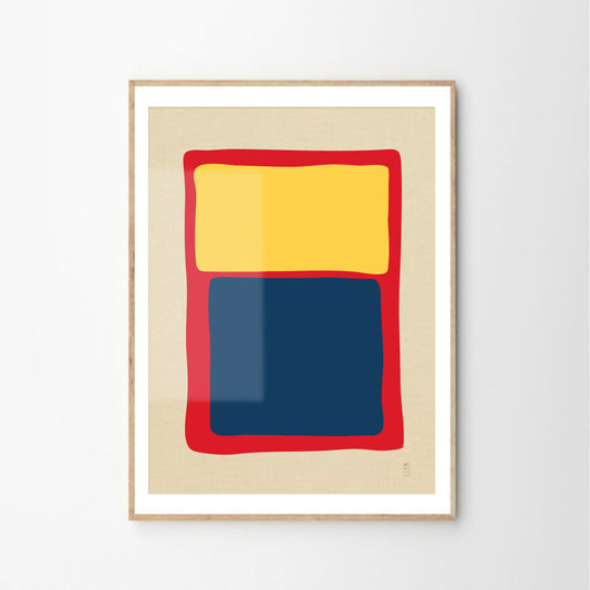 Minimalist art prints made with yellow and blue shapes on a red background, framed, Giclée print, framed, Hahnemühle Photo Rag paper stock, archival quality for 100+ years