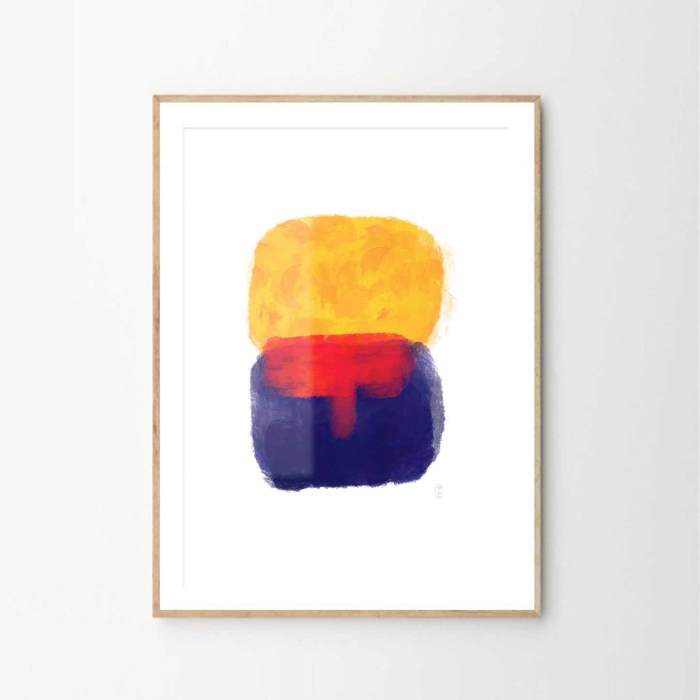 Minimalist art prints made with yellow and blue shapes painted in oil, framed, Giclée print, framed, Hahnemühle Photo Rag paper stock, archival quality for 100+ years